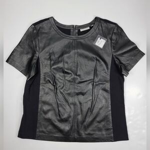 NEW Halogen Black Leather & Jersey Paneled Short Sleeve Blouse Top Size L NWT